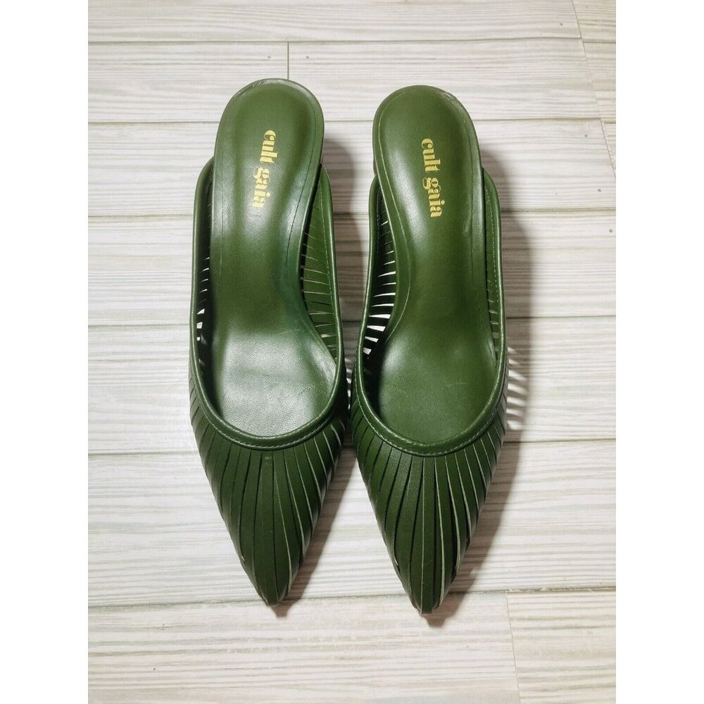 Cult Gaia Green Leather w/ Round Wood Kitten Heel Pumps Womens Size 35.5/ 5.5